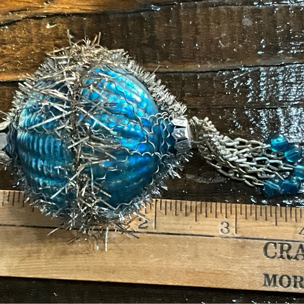 Unique Blue Glass Ornament with Wire Tinsel Beads